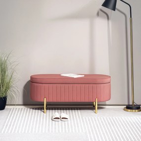 Banco de arrumação, baú de veludo com tampa, pés de metal, capacidade de 72 L, 108 x 44 x 43,5 cm, rosa