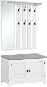 Conjunto de cabideiro de parede para sapatos VASAGLE, cabideiro com espelho, 8 ganchos duplos, sapateira com prateleiras ajustáveis, portas duplas, banco, assento com estofamento removível, 82 cm de largura, branco nuvem LSC010W01