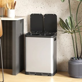 Caixote do lixo de cozinha 48,8 L x 39,5 l x 67 A cm com dois compartimentos de 2 x 30 L, com pedal em aço inoxidável e tampa com fecho suave, pratead