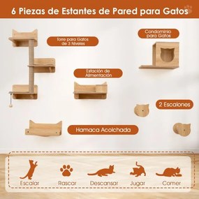 Conjunto de móveis de parede para gatos com 6 peças, rede, torre de salto com 3 níveis e 2 postes para arranhar, área de brincar natural