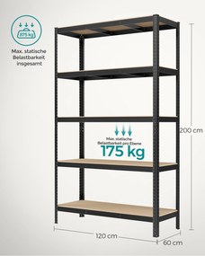 Estante de arrumação garagens, escritório, arrumos com 5 prateleiras em design industrial 60 x 120 x 200 cm Preta