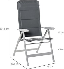 Cadeira de jardim dobrável de alumínio com encosto alto ajustável de 7 posições e encosto de cabeça acolchoado 75x61,5x114,5 cm cinza
