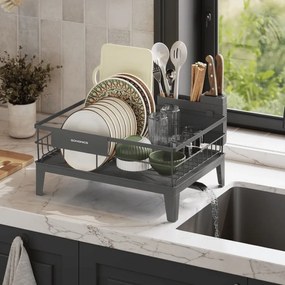 Escorredor louça giratório 31 x 42 x 18,5 cm com tabuleiro e suporte para talheres cinza antracite