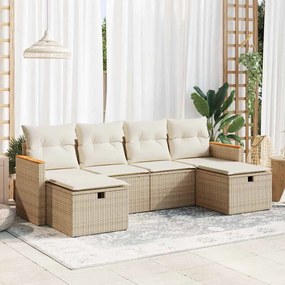 6 pcs conjunto de sofás p/ jardim com almofadões vime PE bege