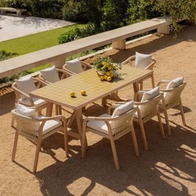 Conjunto De Mesa Retangular 200x100 Cm E 8 Cadeiras De Jardim Com Braços Em Madeira De Acácia E Cimento Dubai - Sklum