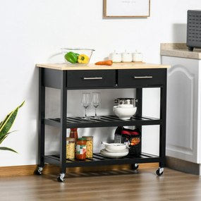 Carrinho de cozinha com rodas 91,4  x 45,6  x 85  cm, 2 prateleiras e 2 gavetas, preto e madeira natural