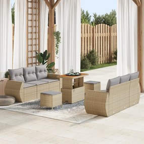 Conjunto de Sofá de Jardim de 9 Peças com Almofadas Bege Rattan Poliés