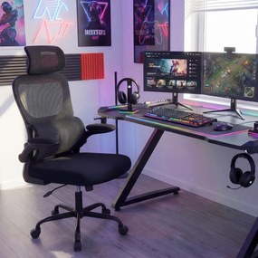 Cadeira escritório ergonómica com rodas, encosto alto em malha, apoio lombar e apoio de cabeça ajustáveis, apoios de braços rebatíveis, assento em esp