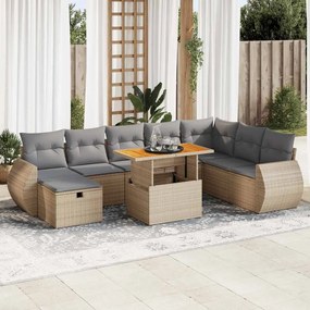 9 pcs conjunto sofás jardim com almofadões vime PE/acácia bege