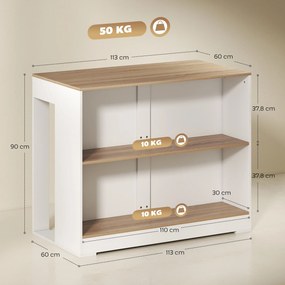 Mesa alta de cozinha 113 x 60 x 90 cm com 3 níveis e 2 compartimentos abertos, tampo com efeito de madeira natural, branca