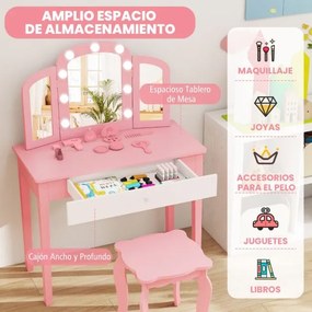 Conjunto de Toucador infantil Princesa 2 em 1 com espelho removível, luzes ajustáveis, banquinho e gaveta em imitação de madeira para maiores de 3 ano