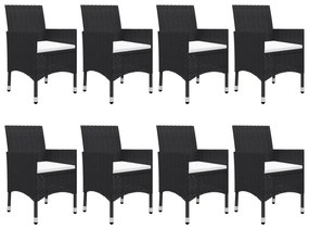 9 pcs conjunto de jantar para jardim vime PE e vidro preto