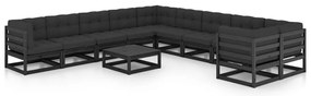 11 pcs conjunto longue jardim c/ almofadões pinho maciço preto