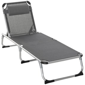 Outsunny Espreguiçadeira de Praia Dobrável Jardim Apoio Cabeça Removível Encosto Ajustável 4 Posições 170x60x76 cm Cinza | Aosom Portugal
