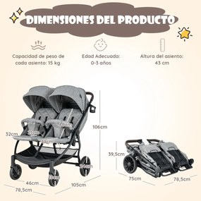 Carrinho de Bebé Duplo Gémeos Carrinho de Bebé Dobrável com Um Botão Portátil Reclinável Encosto Ajustável Toldo 0-3 Anos Cinzento