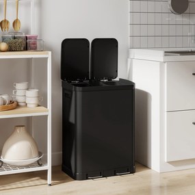 Caixote do lixo de cozinha 48,8 L x 39,5 l x 67 A cm com dois compartimentos de 2 x 30 L, com pedal em aço inoxidável e tampa com fecho suave, preto