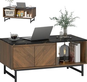 Mesa de centro, mesa de sala, tampo com efeito de mármore, 2 portas e 2 compartimentos abertos, 100 x 50,8 x 45,7 cm, cor nogueira