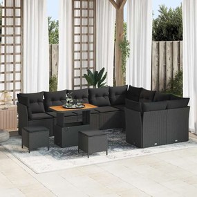 Conjunto de Sofá de Jardim de 12 Peças com Almofadas Preto Rattan Poly Acácia