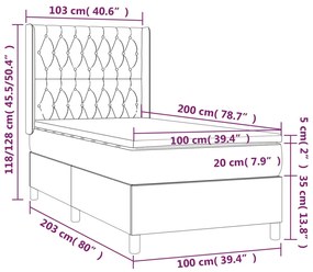 Cama box spring c/ colchão e LED 100x200 cm tecido cinza-claro