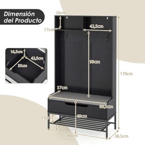 Móvel entrada hall com banco 90 x 38,5 x 170 cm Organizador 4 em 1 com compartimentos para almofadas Ganchos sapateira Preto