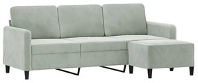 Sofá de 3 lugares com apoio de pés 180 cm veludo cinzento-claro