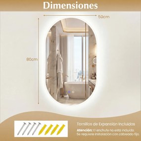 Espelho Casa de Banho LED oval sem moldura 80x50 cm antiembaciamento regulável vidro temperado prateado