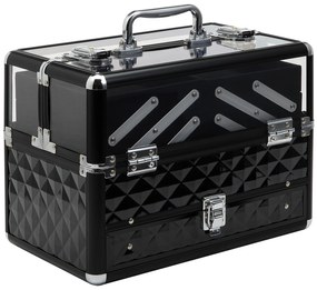 HOMCOM Estojo Maquilhagem Cosméticos Portátil Multiníveis Alça Bandejas Organizador Prático 30x185x22cm Preto Transparente | Aosom Portugal