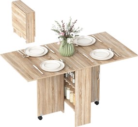 HOMCOM Mesa de Sala de Jantar Dobrável Mesa de Madeira com 2 Prateleiras de Armazenamento e Rodas para Cozinha 75x140x74 cm Madeira | Aosom Portugal
