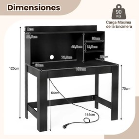 Secretária de computador 108 x 60 x 125 cm com estante com tomadas e orifício para cabos Preta