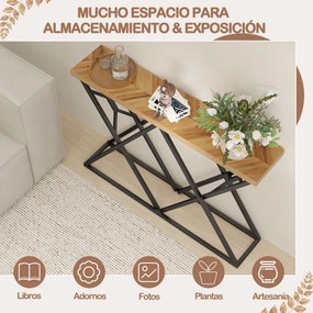 Mesa consola 140 x 29,5 x 90 cm em estilo rústico e industrial, com base metálica geométrica e tampo de madeira natural Natural e preta