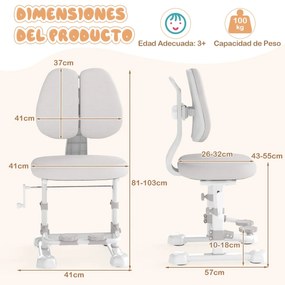 Cadeira de escritório para crianças com encosto duplo ajustável, apoio para os pés, altura e profundidade do assento ajustáveis cinza