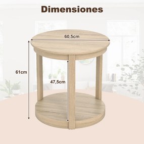 Mesa de centro redonda, mesa apoio, mesa cabeçeira 60,5 x 61 cm com 2 níveis em madeira de caucho Mesa auxiliar estilo rústico cor carvalho