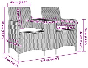 Sofá de jardim c/ mesa e almofadões 2 lugares vime PE castanho