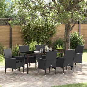 Conjunto de Jantar de 7 Peças vidaXL com Almofadas Vime Preto Poliéster