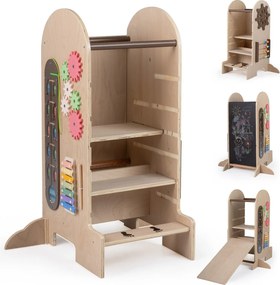 Torre de Aprendizagem Montessori 4 em 1, 72,5 x 59,5 x 90 cm, Altura Regulável, Natural