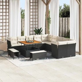 Conjunto de Sofás de Jardim vidaXL 13 Peças com Almofadas Preto Rattan Poliéster Acácia