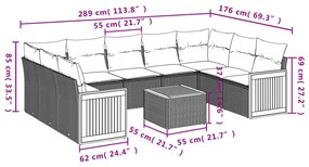 10 pcs conjunto sofás de jardim c/ almofadões vime PE preto