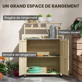 Bancada de Jardinagem, mesa de jardinagem, armário, prateleiras e tabuleiro com patins antiderrapantes, 90,5 x 41 x 124,5 cm, madeira natural