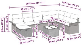 Conjunto de Sofá de Jardim de 9 Peças com Almofadas Bege de Polirattan