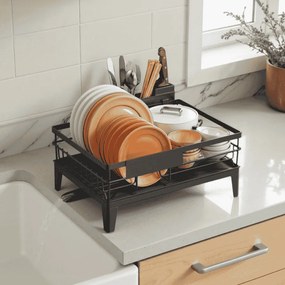 Escorredor de pratos com tabuleiro 31 x 42 x 18,5 cm, escoamento giratório, suporte para talheres preto