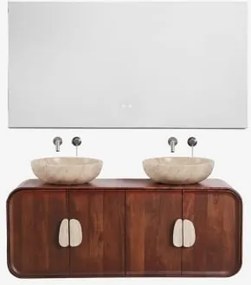Conjunto De Móvel De Casa De Banho Dupla Suspensa 130x45 Cm Em Madeira De Manga E Pedra Natural Kivalina Travertino - Madeira De Mangueira Escura & -