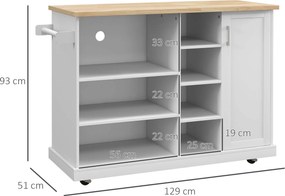 Mesa de apoio para ilha de cozinha com rodas 129 x 51 x 93 cm, 7 compartimentos, 1 armário, 1 porta, 1 porta para panos de cozinha, , em madeira e bra