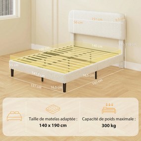 Estrutura de cama 140 x 190 cm com base de cama (COLCHÃO NÃO INCLUIDO), cabeceira ajustável, cama de casal estofada em veludo Teddy, ripas de metal, b