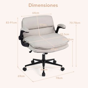 Cadeira de Escritório para se Sentar de Pernas Cruzadas, 78 x 69 x 83-91 cm, Apoios de Braços Rebatíveis, Bege