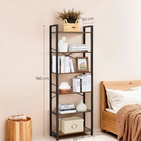 Estante de livros 30 x 66 x 186 cm com 6 prateleiras com estrutura de aço castanho-preto