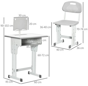 HOMCOM Conjunto de Secretária e Cadeira para Crianças de 6-12 Anos Secretária Infantil com Altura Ajustável 1 Gaveta 1 Suporte para Lápis e 1 Prateleira para Livros 60x45x90-120 cm Cinza