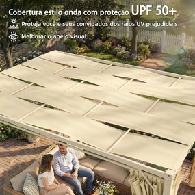 Pérgola de Jardim 385x295x225 cm com Teto Ondulado 4 Cortinas Removíveis Proteção UPF50+ e Estrutura de Aço Bege