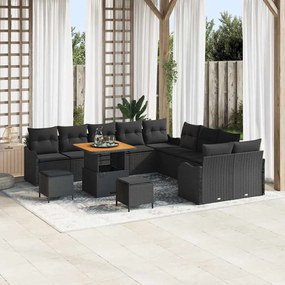 Conjunto de Sofá de Jardim vidaXL de 13 peças com Almofadas Preto Rattan Poliéster Acácia