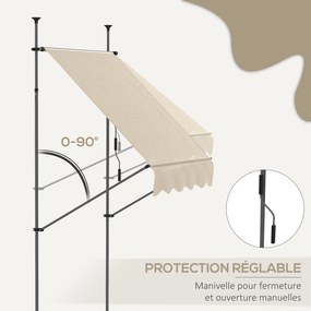 Toldo retrátil manual autoportante, 1,5 m (L) x 1,2 m (P) x 2,1-3 m (A), inclinação ajustável, metal, alumínio, poliéster, cor areia