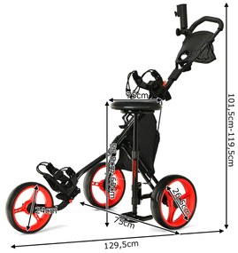 Carrinho de Golfe Dobrável com 3 Rodas Push or Pull Trolley Leve e com 4 Posições Ajustáveis em Altura Vermelha